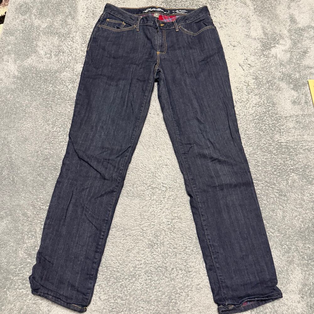 Eddie Bauer Jeans Womens 8 Boyfriend Relaxex Blue Denim Red Plaid Flannel Lined
